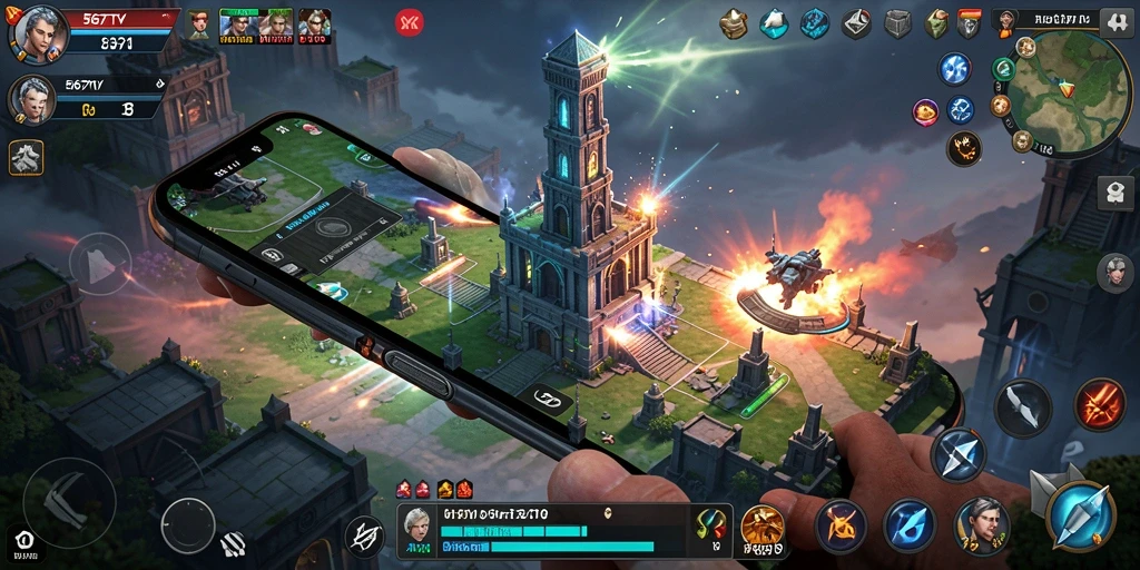 Screenshot gameplay 567TV yang menunjukkan menara pertahanan dan musuh.
