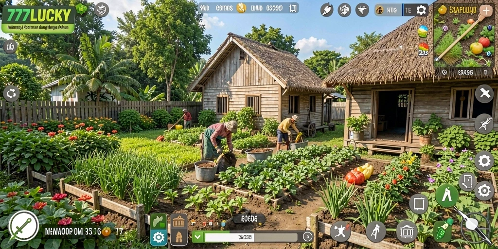 Screenshot gameplay 777LUCKY menampilkan aktivitas bertani yang menarik.