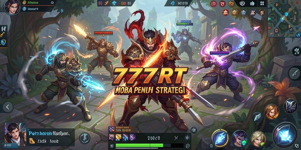 Screenshot gameplay MOBA dengan pertarungan intens di arena