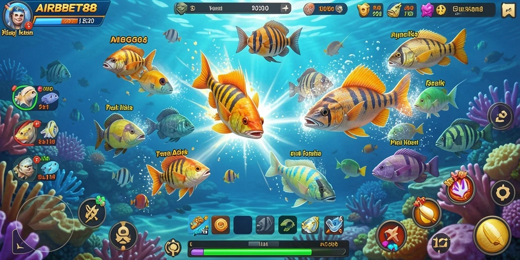 Screenshot gameplay AIRBET88 menampilkan aksi menembak ikan yang seru.