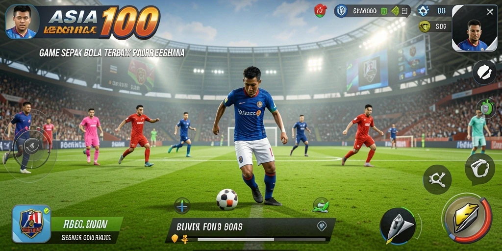 Tangkapan layar utama ASIA100 menampilkan aksi intens di lapangan sepak bola.