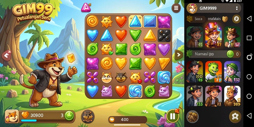 Tangkapan layar dari gameplay GIM999 menampilkan aksi mencocokkan permata yang seru.
