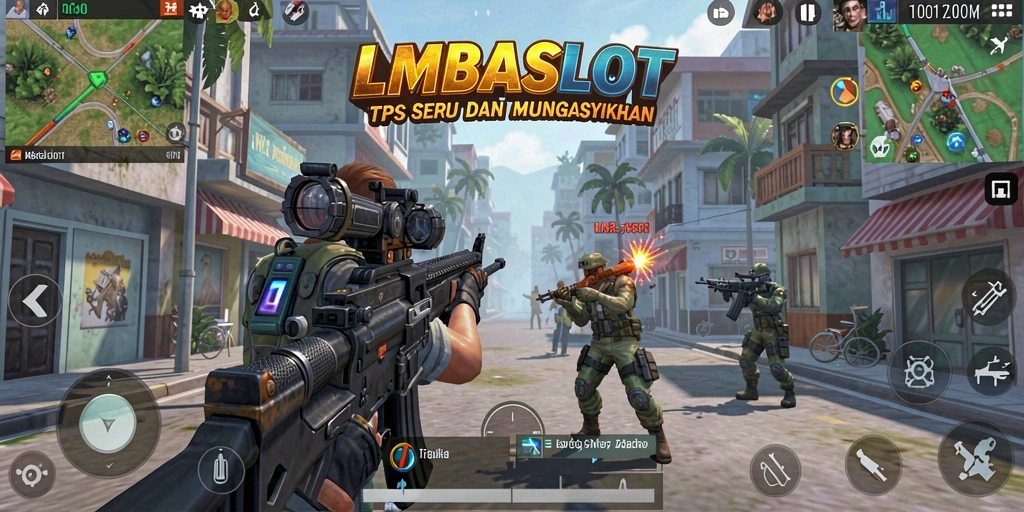 Screenshot gameplay LMBASLOT dengan aksi seru dalam pertarungan TPS.