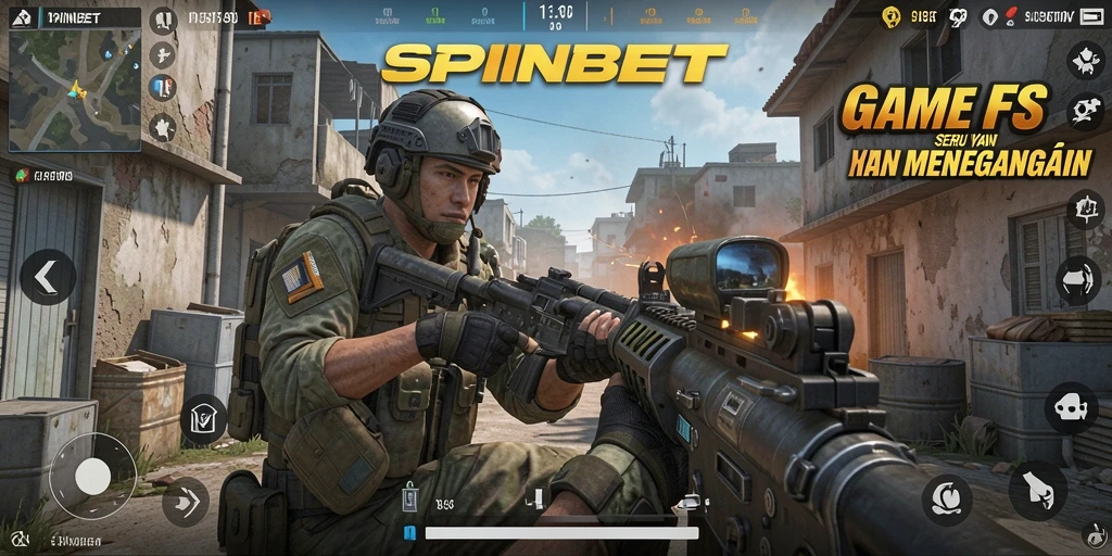 Screenshot gameplay <strong>SPINBET</strong> menampilkan aksi tembak-menembak yang intens.