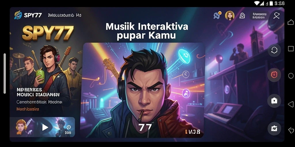 Screenshot gameplay SPY77 menampilkan antarmuka musik yang interaktif dan penuh warna.