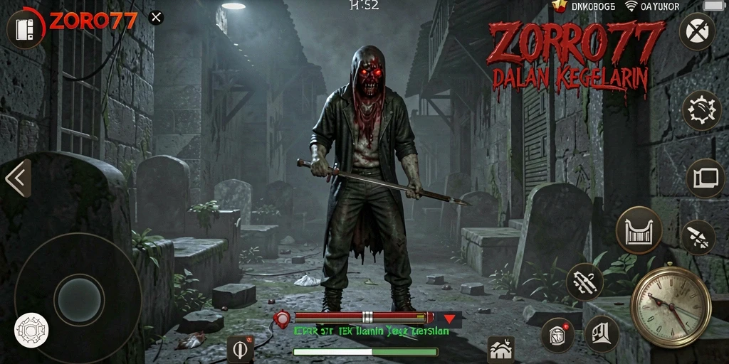 Gameplay ZORO77 dengan suasana horor yang intens dan menakutkan.